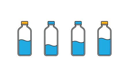 Four transparent plastic bottles with varying levels of blue liquid