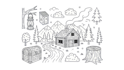 Fototapeta premium Cabin in the mountains with trees and clouds black and white line art
