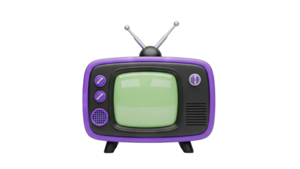 Retro Television With Purple Accents And Green Screen Display Isolated On A Black Background With Antenna Raised Showing A Whimsical Design