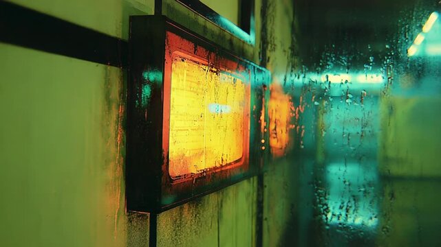 Wet train window reflecting neon lights at night