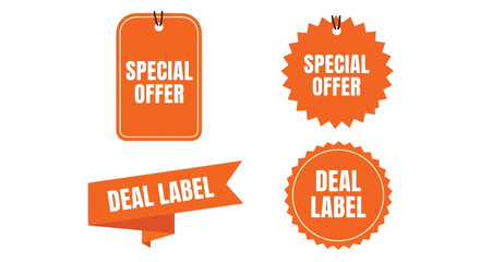 Orange sale tags and labels displaying special offers and deals