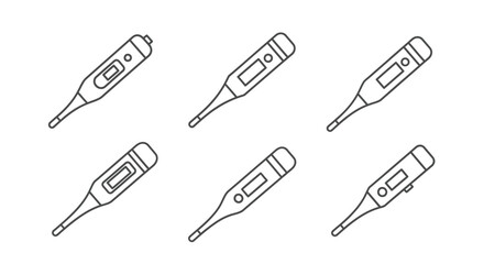 Simple line drawing of six medical thermometers in various orientations