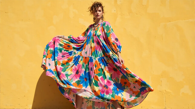 Model Wearing a Voluminous Maxi Dress with a Colorful Abstract Floral Print