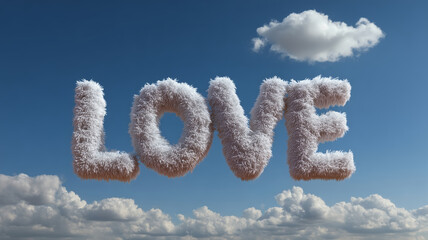 Naklejka premium Clouds form the word love in a bright blue sky above a peaceful landscape