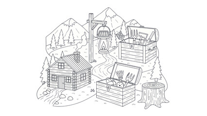 Fototapeta premium Cabin scene with lantern chests and mountain scenery monochrome vector