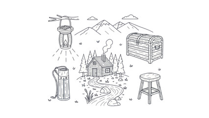 Cabin scene with lantern mountains and chest vector illustration