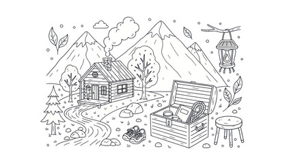 Cabin scene with mountains and treasure chest illustration for adventure theme