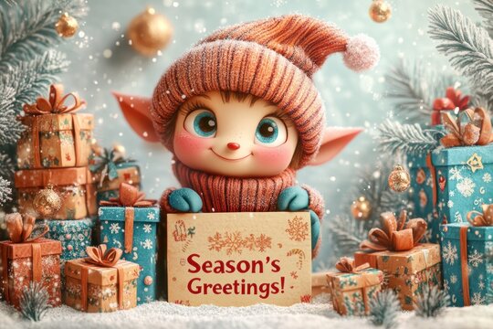 Christmas Greeting Card with Santa's elfs and Copy/Text. Merry Christmas and Happy New Year greeting card with cute elf and gifts. Christmas Greeting Card. Merry Christmas and Happy New Year 