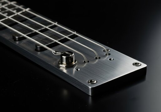 Close up of a shiny metal control plate designed for mounting electronic components on the body of a low-frequency string instrument, chassis, hardware, flat