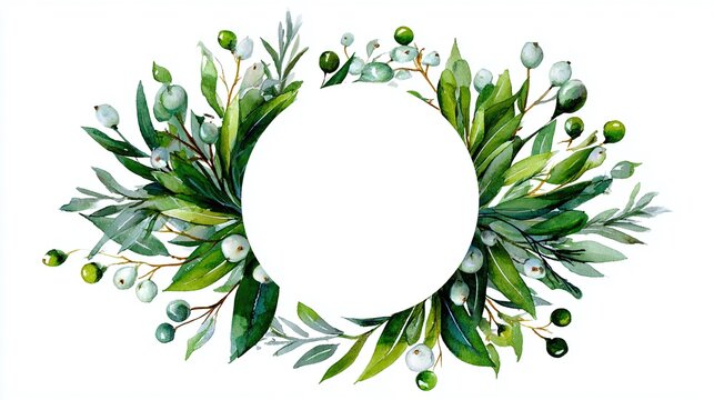A botanical watercolor wreath with green leaves and berries frames a white circle. Perfect for nature-themed designs or adding a touch of fresh, organic elegance.