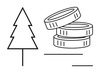 Environmental conservation, sustainable economy, ecological impact, green investment, environmental tax, eco-banking. A tree and stacked coins in minimalistic design. Environmental conservation