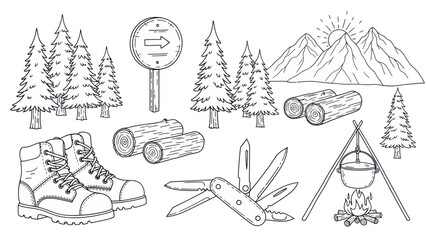 Camping and hiking themed vector illustration elements set with outlines