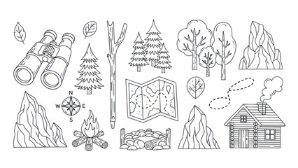 Camping and hiking themed vector illustration elements set in black and white