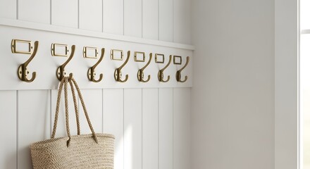 Bright and minimalist home entryway features a white paneled wall with elegant brass coat hooks and a hanging straw bag, embodying a clean organization concept