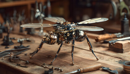 Steampunk-inspired robotic insect with spinning rotor blades hovering above a wooden workbench, surrounded by tools and spare parts, showcasing a blend of nature and technology