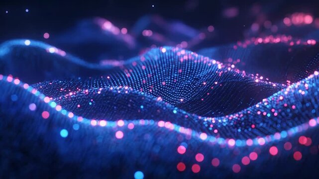 Abstract glowing particle waves forming digital data network