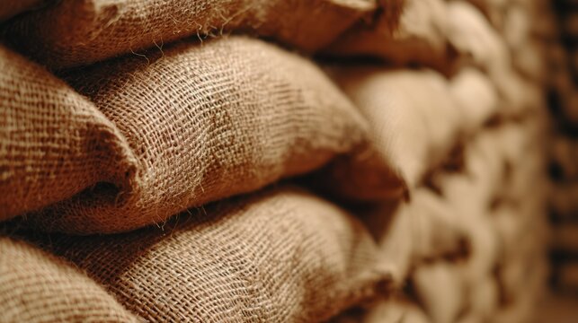 Close-up of a tightly stacked wall of coarse brown burlap or jute sacks