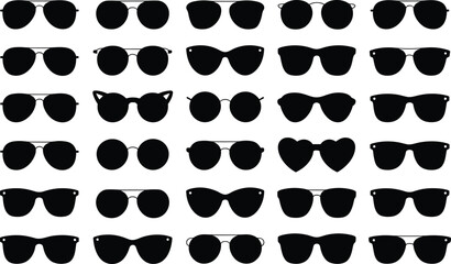 Extensive Vector Collection of Diverse Sunglasses Silhouettes Including Classic Aviator, Bold Cat Eye, Round, and Modern Oversized Frames for Design Projects.