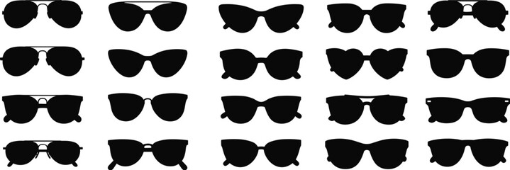 Black Silhouette Vector Collection of Diverse Modern and Classic Sunglasses Styles Including Aviator, Cat Eye, and Wayfarer Shapes on White.