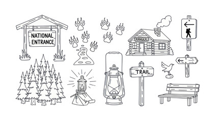 Camping and hiking themed vector illustrations set in black and white