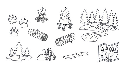 Camping and hiking themed vector illustrations set in simple outline