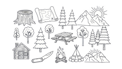 Camping and outdoor adventure elements in line art style illustration