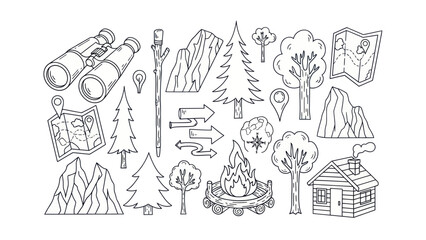 Camping and outdoor adventure elements in line art style on white backdrop