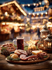 Cozy European Christmas Market Food Spread: Festive Board of Rustic Cookies, Star Anise, Smoked Sausage, Cheese, Mulled Wine, and Lanterns Set Against a Blurred Nighttime Stall Backdrop