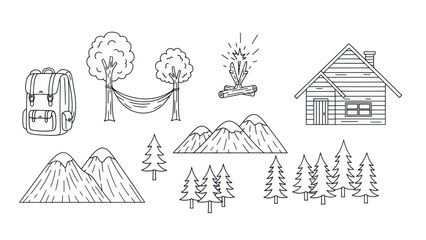 Camping and outdoor adventure elements vector illustration set