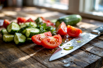 Fresh sliced cucumbers and tomatoes on rustic wooden cutting board with kitchen knife. Natural light, home cooking and healthy food concept.