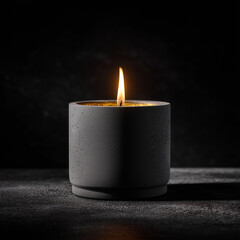 Minimal burning candle in a concrete holder on a dark background. Soft flame and deep shadows create calm, modern and elegant interior mood.