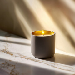 Minimal burning candle in a concrete holder on marble surface. Soft sunlight creates calm shadows and cozy atmosphere for home decor concepts.