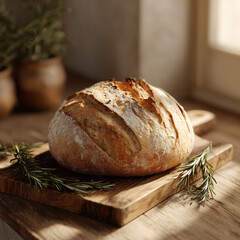 Freshly baked rustic bread loaf on a wooden board with rosemary. Warm natural light highlights crust texture and cozy homemade food atmosphere.