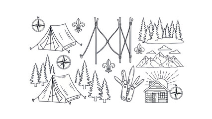 Camping and outdoor adventure icons in black and white design