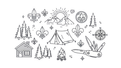 Camping and outdoor adventure outline illustration vector design