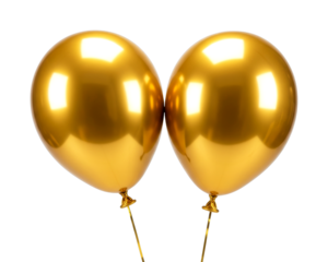 Two shiny golden balloons float elegantly, reflecting bright light and symbolizing celebration, success, and festive joy for special occasions.