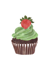 Watercolor digital illustration of a chocolate cupcake with green frosting and a strawberry on top, with a transparent background. Hand-painted

“Original digital artwork created by the contributor
