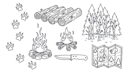 Camping and outdoor recreation illustrations featuring campfire map and trees