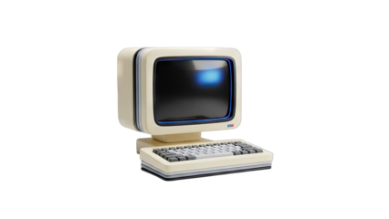Retro beige computer with integrated keyboard and glowing blue screen on a transparent background isolated vintage technology