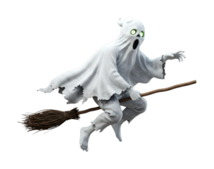 Ghost riding a broomstick with glowing green eyes and a tattered white sheet flies through the dark night, ready for Halloween festivities.