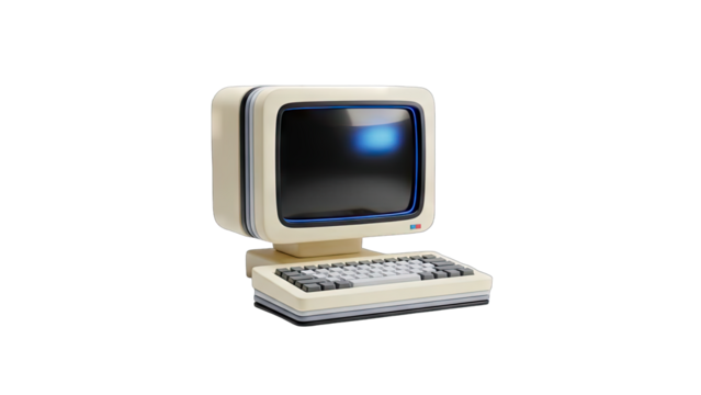 Retro beige computer with integrated keyboard and glowing blue screen on a transparent background isolated vintage technology - Powered by Adobe