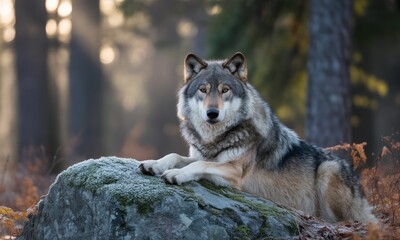 Gray wolf resting on a rock in a forest at dawn