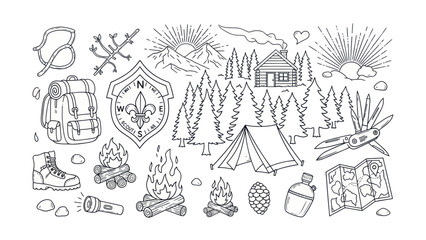 Camping and outdoor recreation themed vector illustrations and line art © Wati