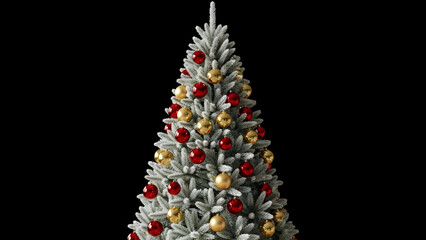 Obraz premium Flocked white christmas tree decorated with shiny red and gold baubles against black background