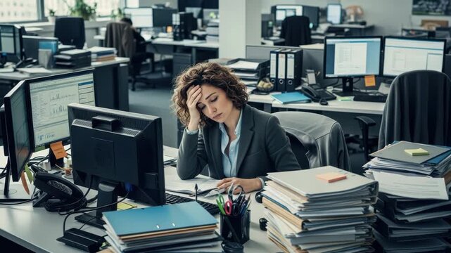 A stressed businesswoman sitting at her desk in a busy office environment with multiple computer monitors and stacks of paperwork