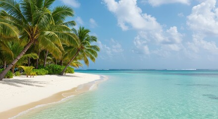 Obraz premium Idyllic turquoise water gently washes onto pristine white sands beneath swaying palm trees, creating a perfect tropical paradise vista, nature, serene, wave