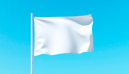 white flag on blue, white blank clean flag on blue sky background in mockup style, horizontal banner, free space for text and copy