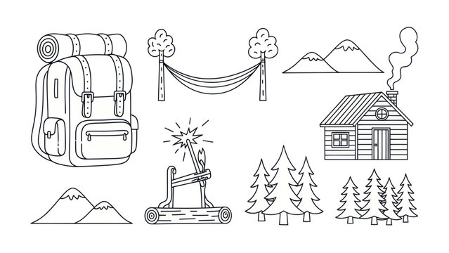 Camping and outdoor recreation vector illustration set with backpack and cabin