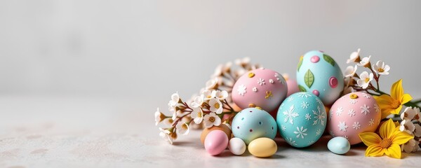 Sweet Easter treats with delicate gypsophila and painted eggs on a light heritage background, holiday, delicate