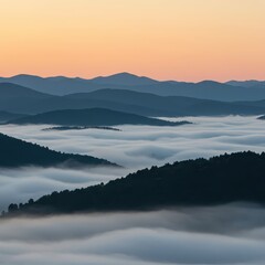 Fototapeta premium Thick, natural haze settling over a vast, layered mountain landscape, creating a quiet, ethereal, and mysterious atmospheric effect at dawn, atmospheric, tranquil, beauty